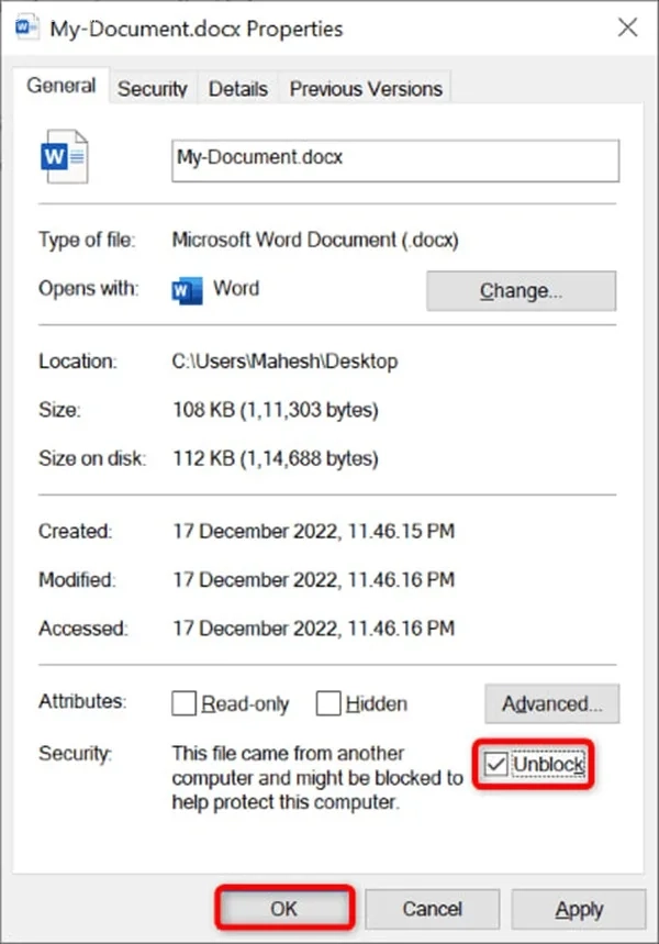 رفع Word Experienced an Error با unblock کردن فایل ورد