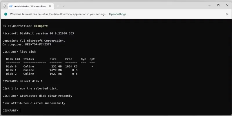 حل مشکل Write Protected فلش با اجرای دستور diskpart