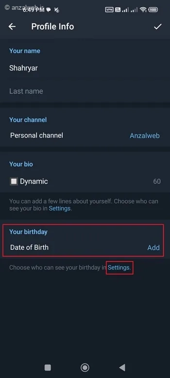 گزینه Add بخش Date of Birth