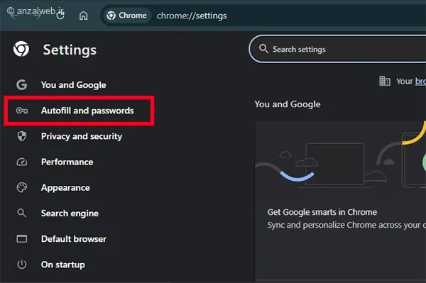 ورود به تنظیمات Autofill and passwords برای بکاپ از پسورد های کروم