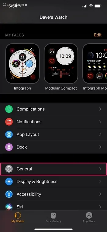 تب My Watch تغییر زبان اپل واچ به فارسی