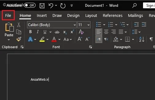 انتخاب تب File‌ برای تغییر زبان ورد