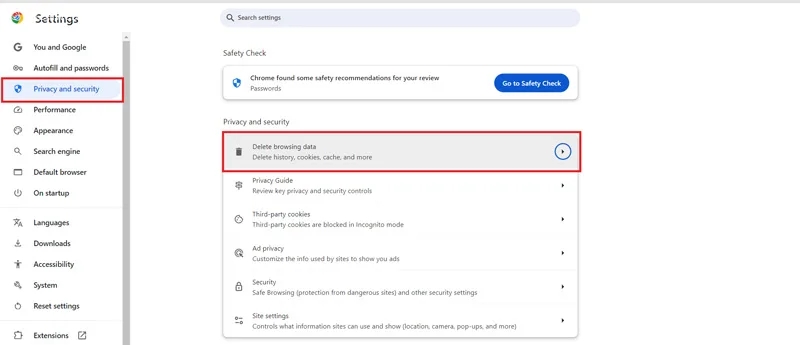 حذف اطلاعات کش مرورگر کروم