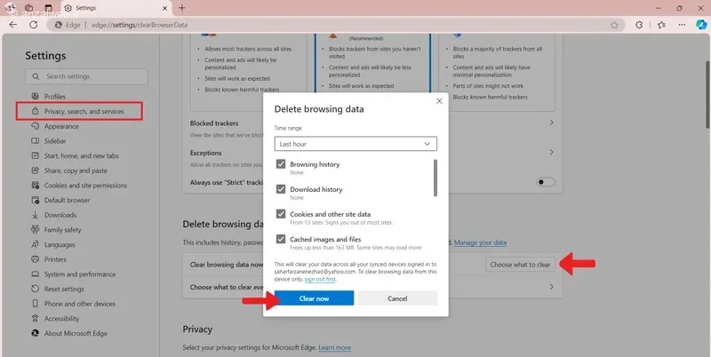 حذف داده‌های موقت مرورگر Edge
