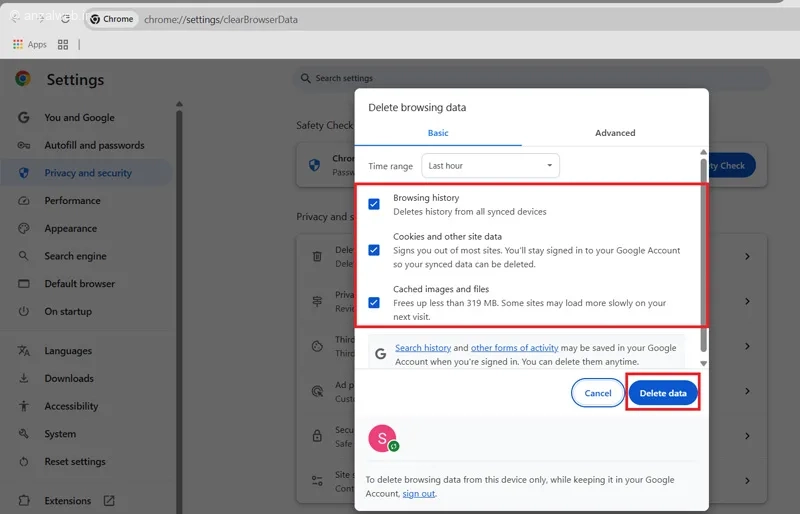 حذف اطلاعات کش و کوکی مرورگر