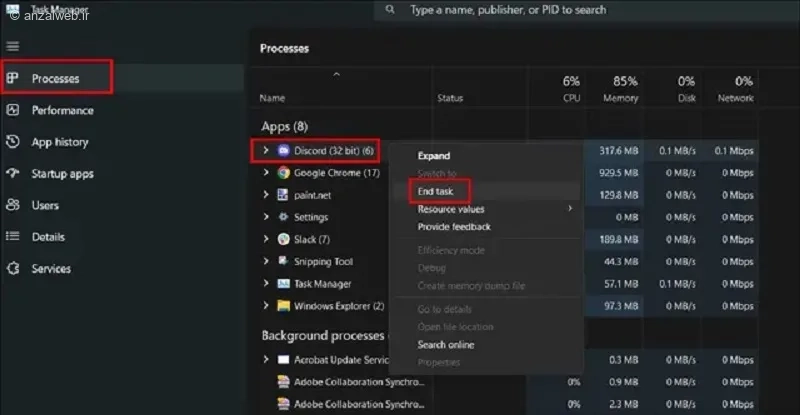 بستن تسک‌های پس زمینه دیسکورد برای حل مشکل Update Failed دیسکورد