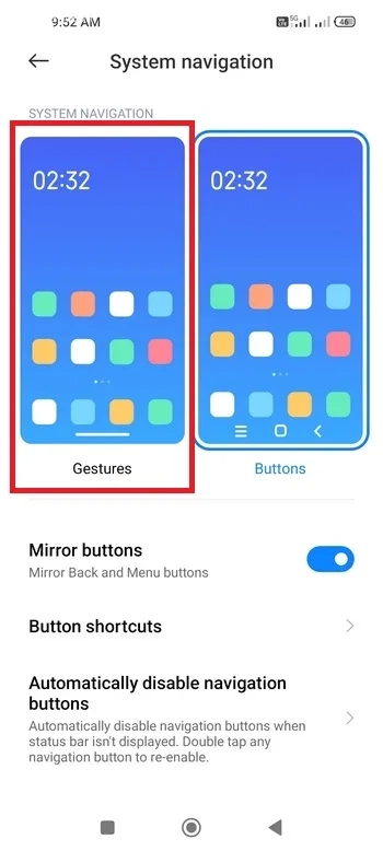 حالا Buttons را به حالت Gestures تغییر دهید