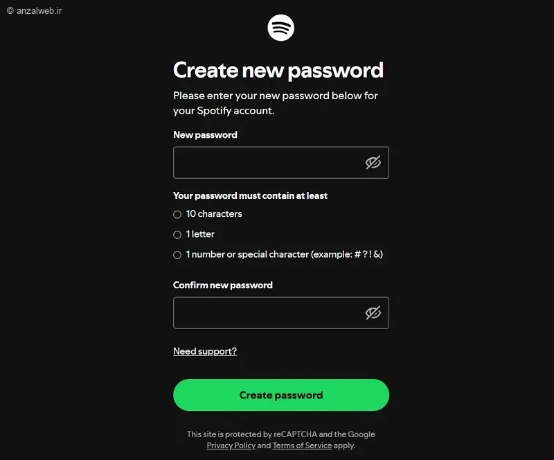 بخش Create new password