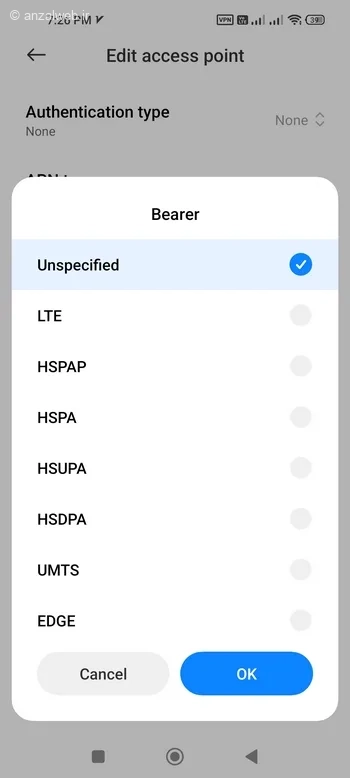 Bearer روی LTE یا Unspecified بگذارید.