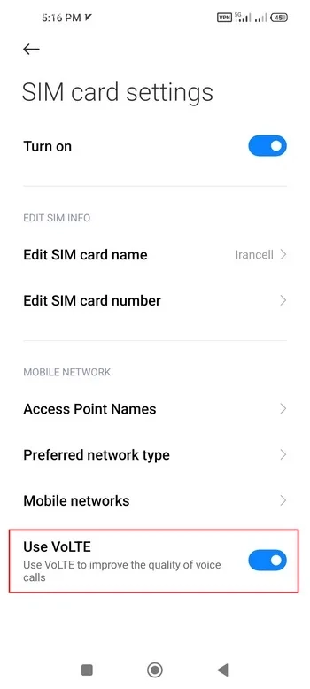 گزینه Use VoLTE