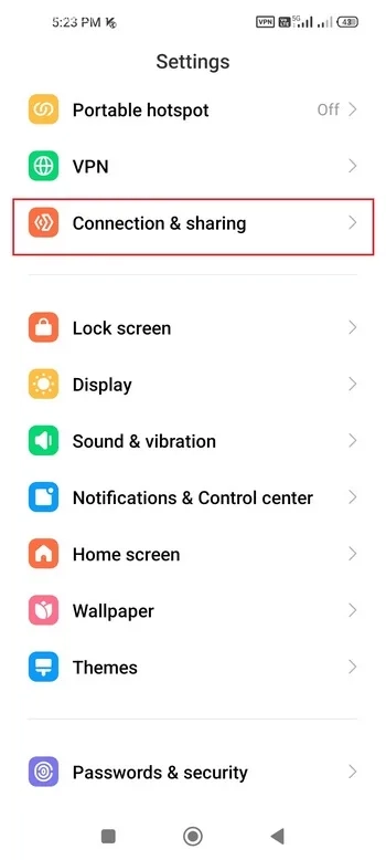 بخش Connection & Sharing