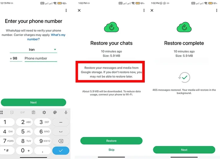 بازگردانی پیام های واتساپ از گوگل درایو