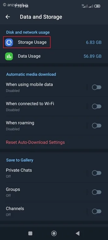 بخش Storage Usage