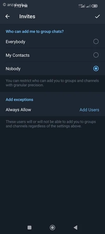 بخش Who can add me to group chats را روی گزینه Nobody