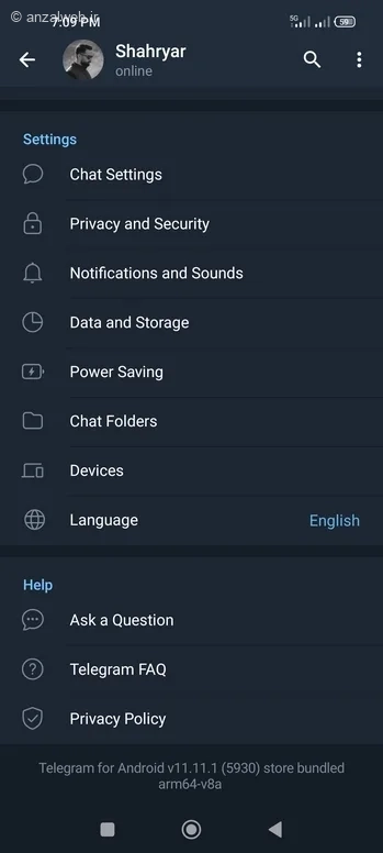 بخش Setting تلگرام