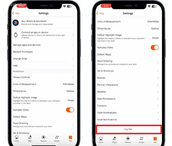 خروج از جساب کاربری و ورود دوباره به برنامه Strava