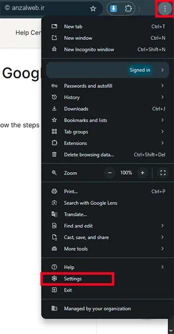 باز کردن تنظیمات مرورگر کروم برای بکاپ از پسورد های کروم