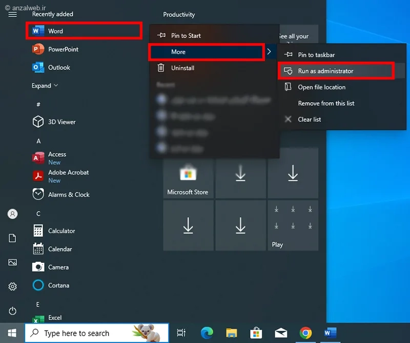باز کردن ورد با Run as Administrator برای رفع ارور Word Experienced an Error