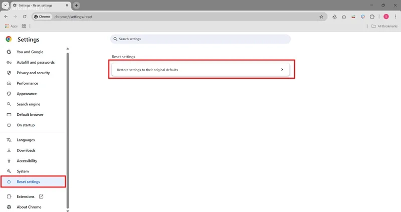 ریست کردن تنظیمات کروم