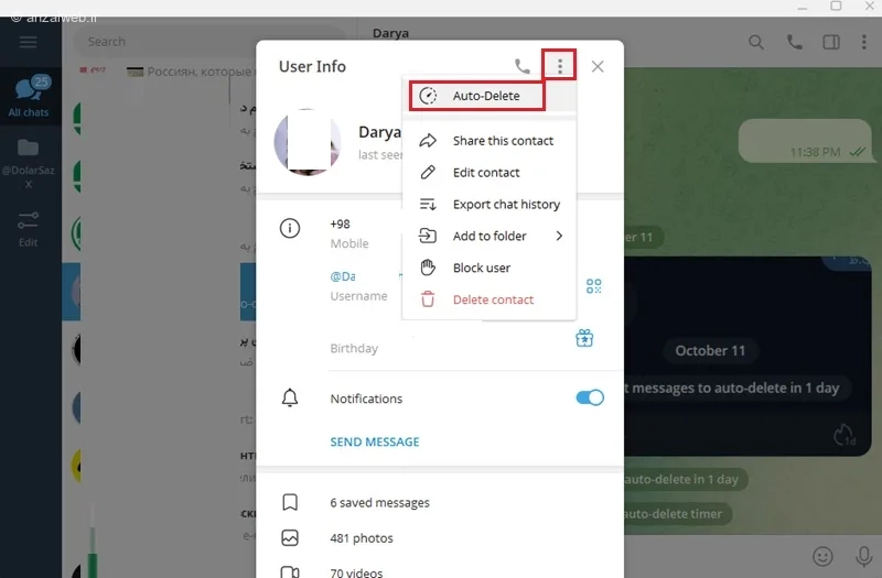 انتخاب Auto delete برای حذف خودکار پیام تلگرام دسکتاپ