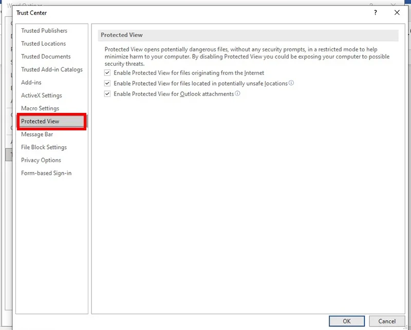 غیر فعال کردن تنظیمات Protected View برای حل مشکل باز نشدن ورد