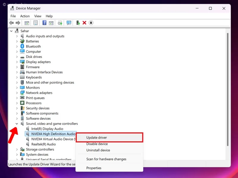 بروزرسانی درایور صدا از طریق Device Manager