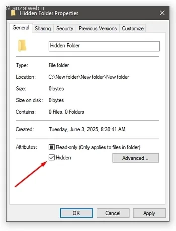 تیک "Hidden" برداشتن علامت قفل روی فایل های ویندوز 11