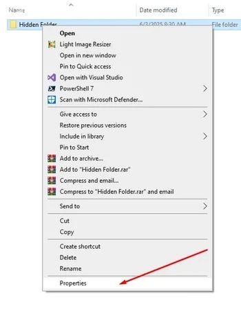 گزینه "Properties" مخفی کردن پوشه در ویندوز 10