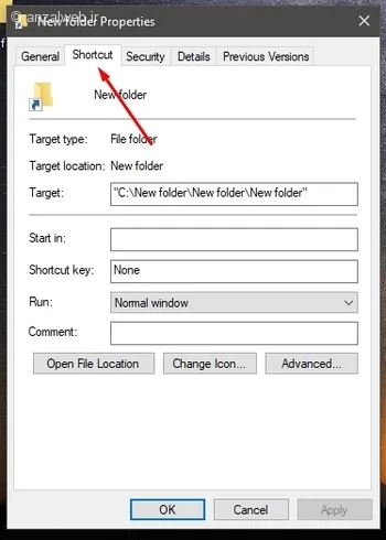 تب "Shortcut" برداشتن علامت قفل روی فایل های ویندوز 11