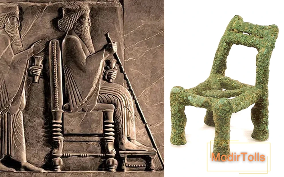 عکس مبلمان عیلایم هخامنشی از جنس مفرغ و سنگ نگاره داریوش هخامنشی روی تخت پادشاهی